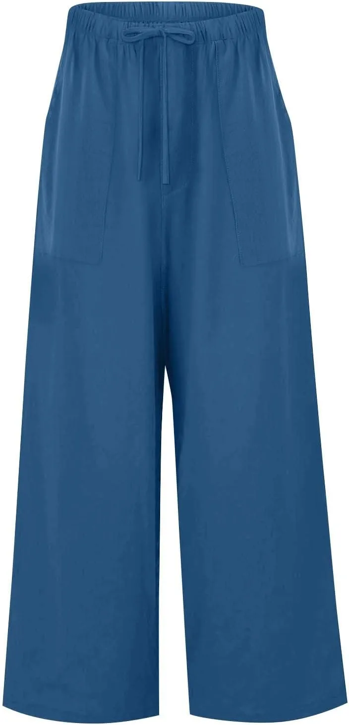 Linen Pants Women Summer Wide Leg Pants Drawstring Elastic Waist Pants High Waisted Pants Casual Beach Trousers