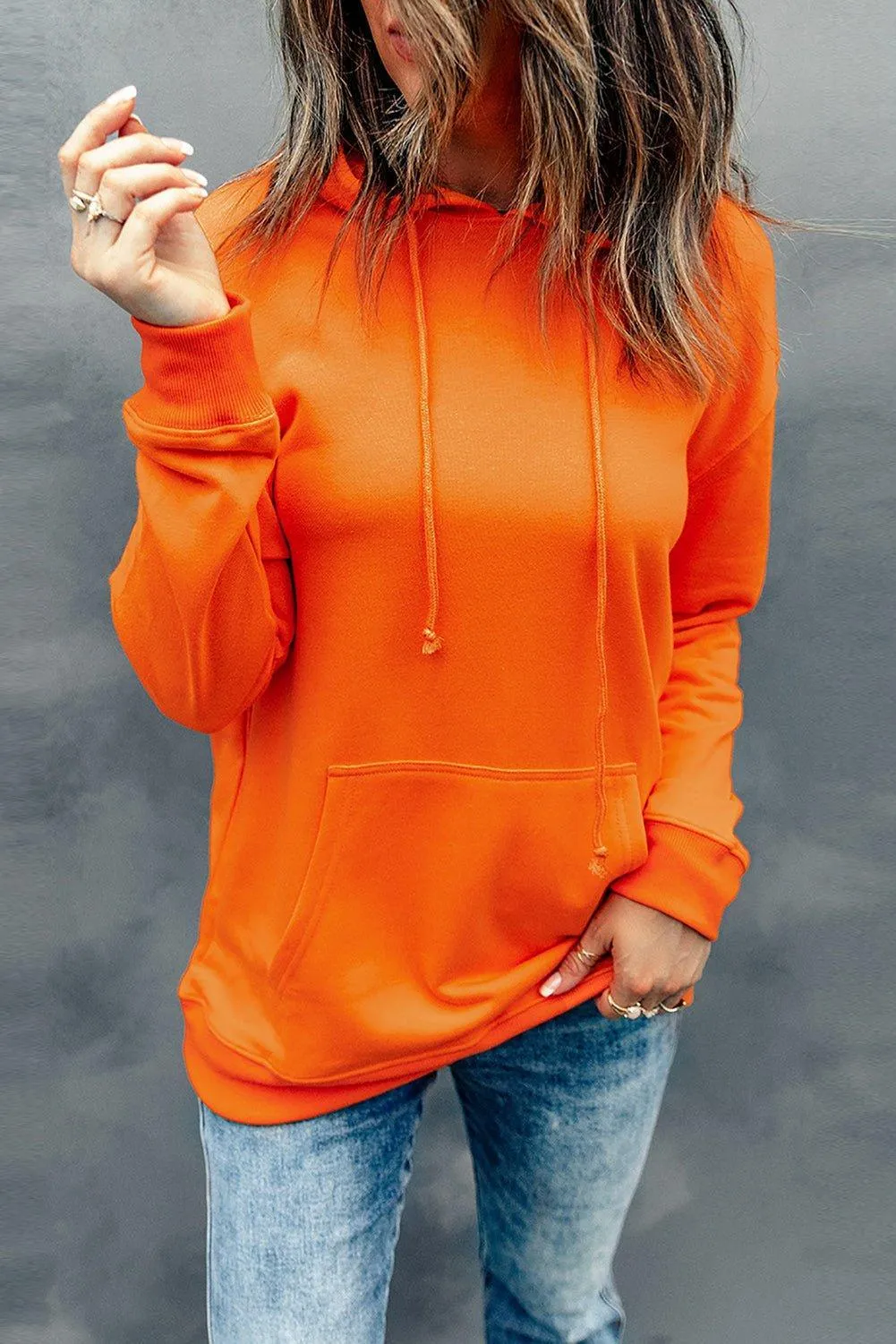 Orange Plain Drawstring Hoodie