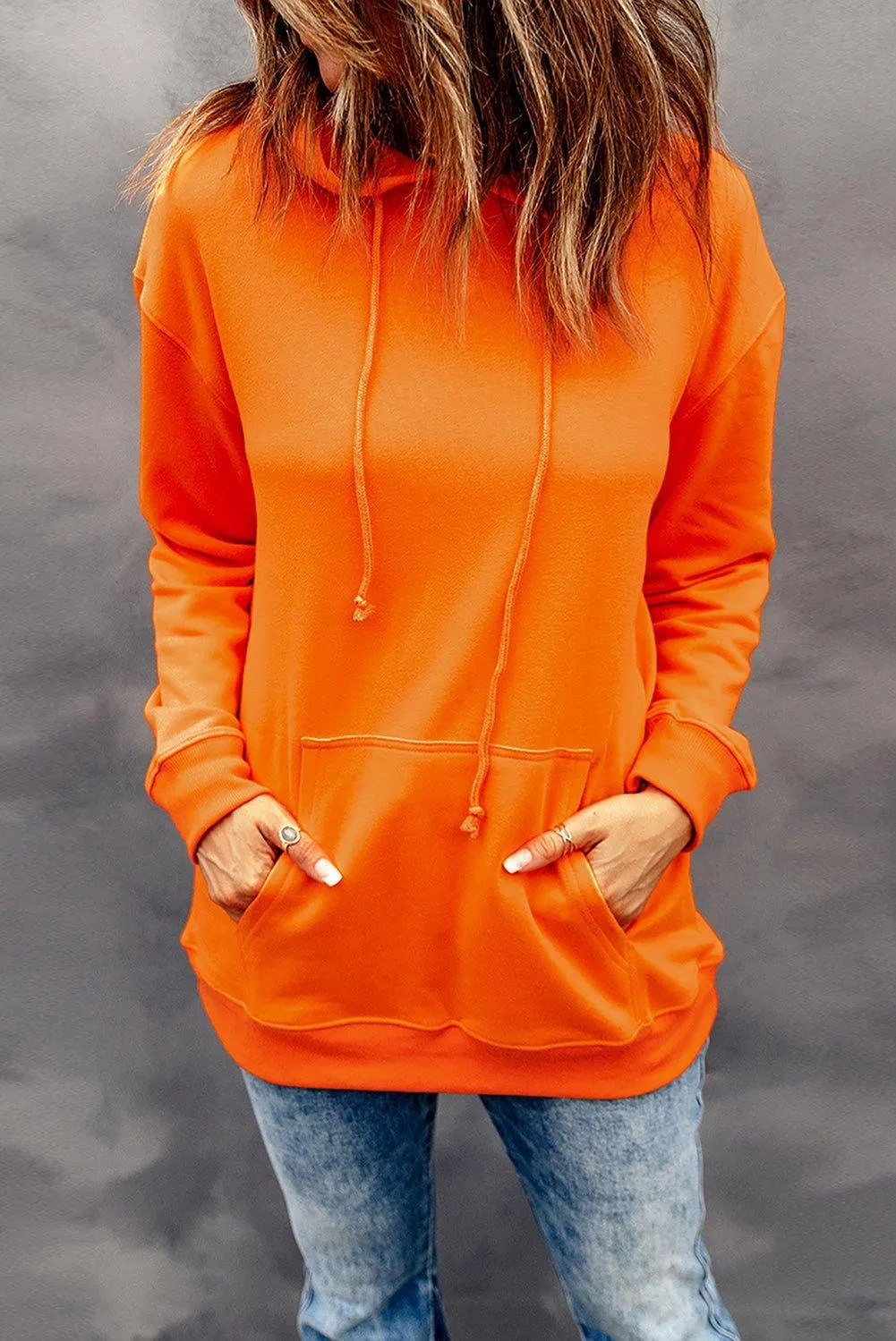Orange Plain Drawstring Hoodie