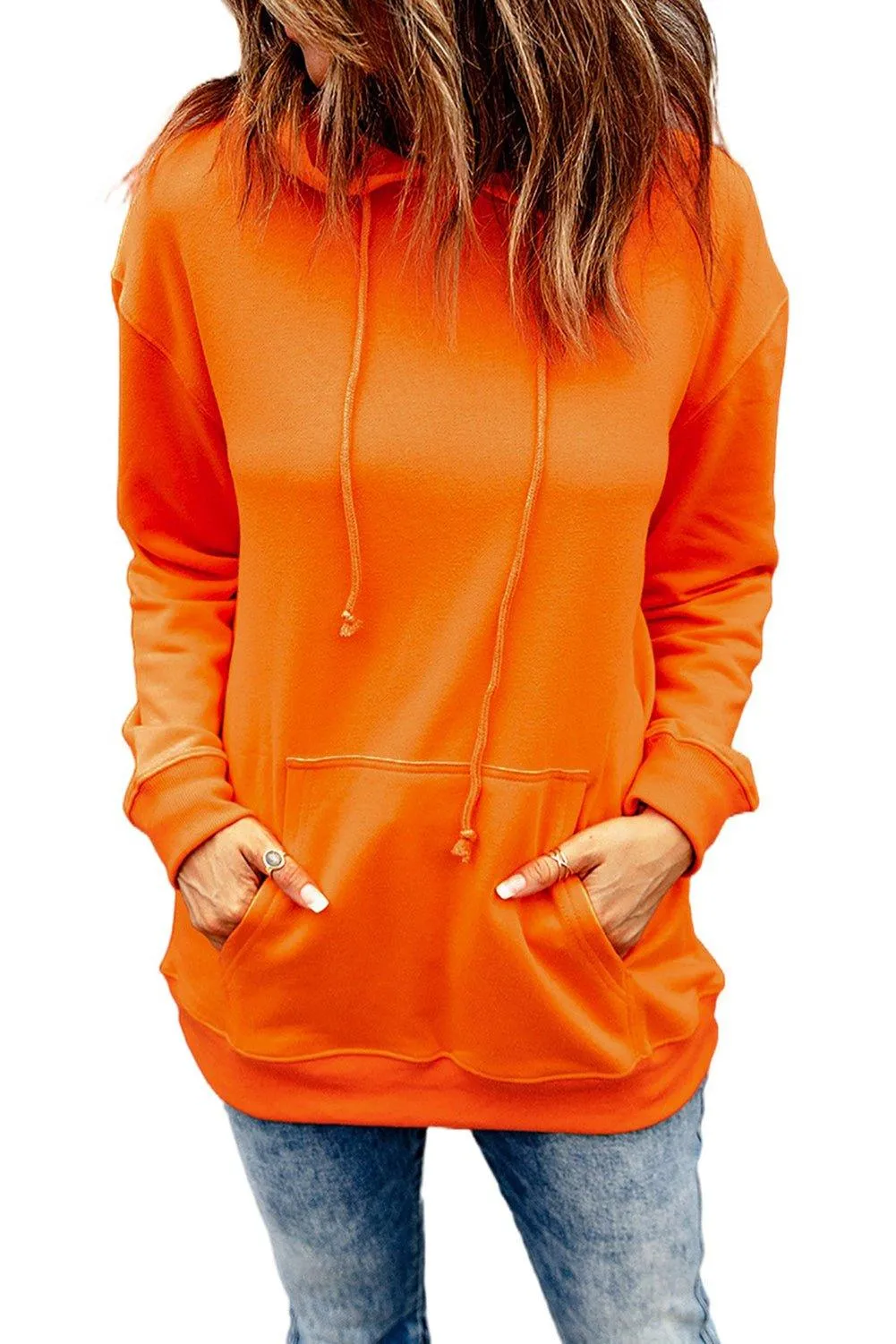 Orange Plain Drawstring Hoodie