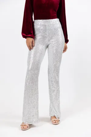 Queen of Hearts Silver Sequin Flare Pants