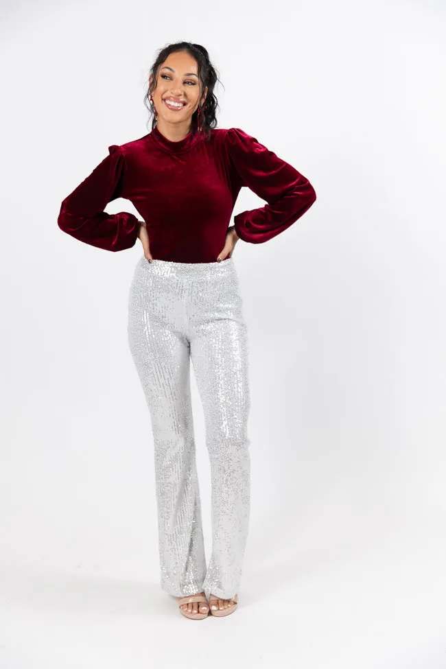 Queen of Hearts Silver Sequin Flare Pants