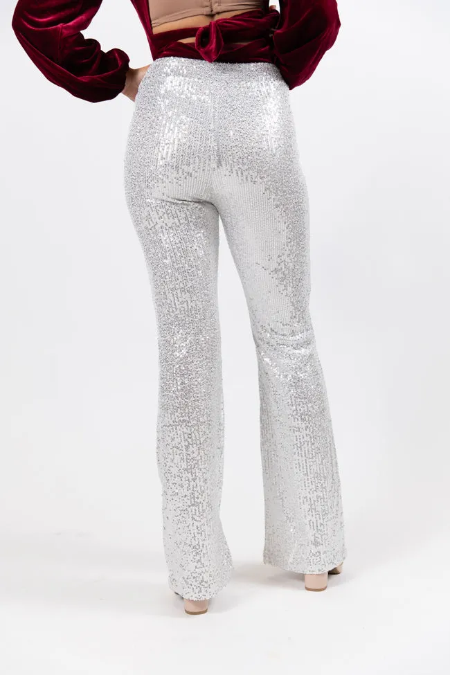 Queen of Hearts Silver Sequin Flare Pants