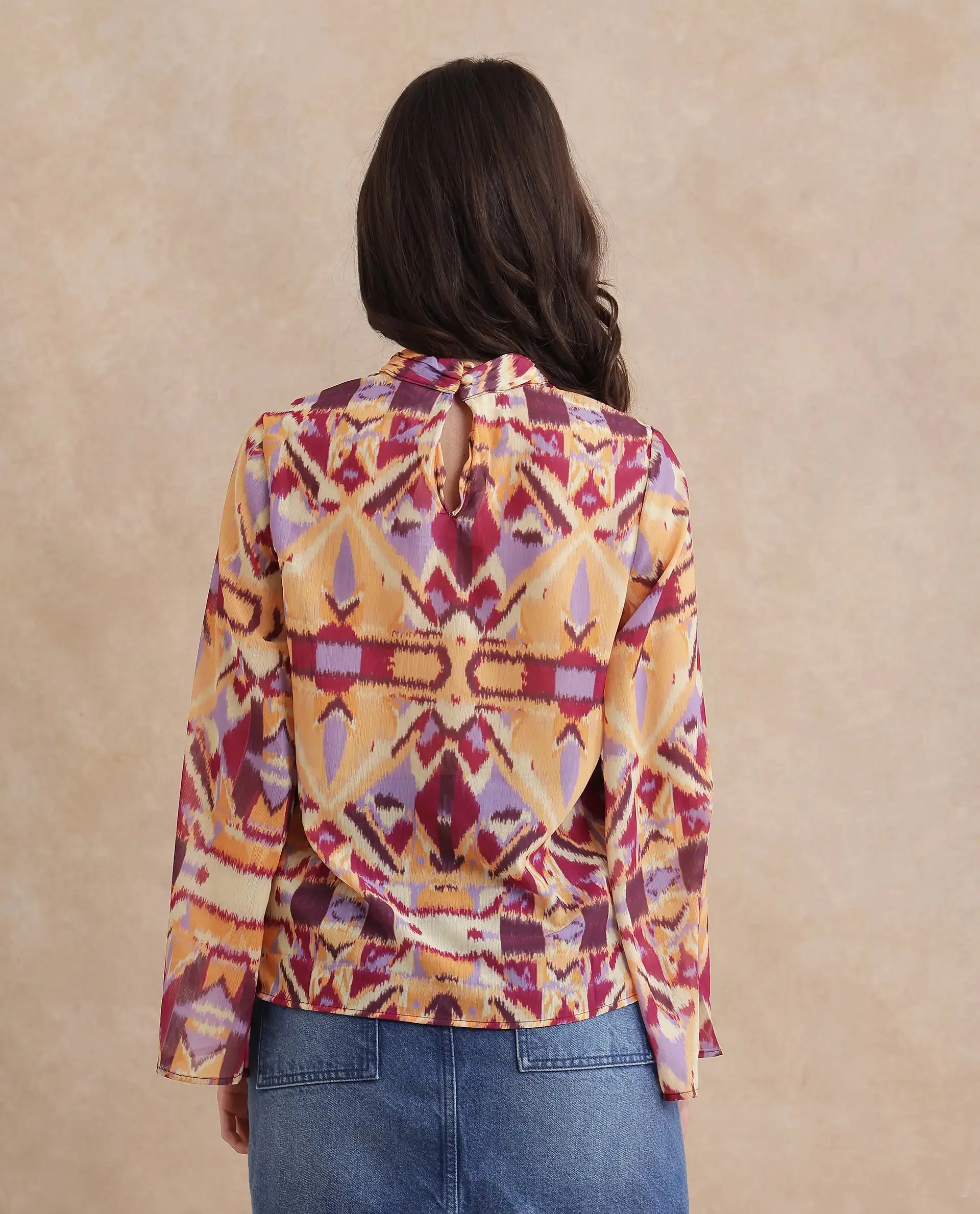 Rareism Women Hokas Multi Full Sleeve High Neck Button Closure Abstract Print Top