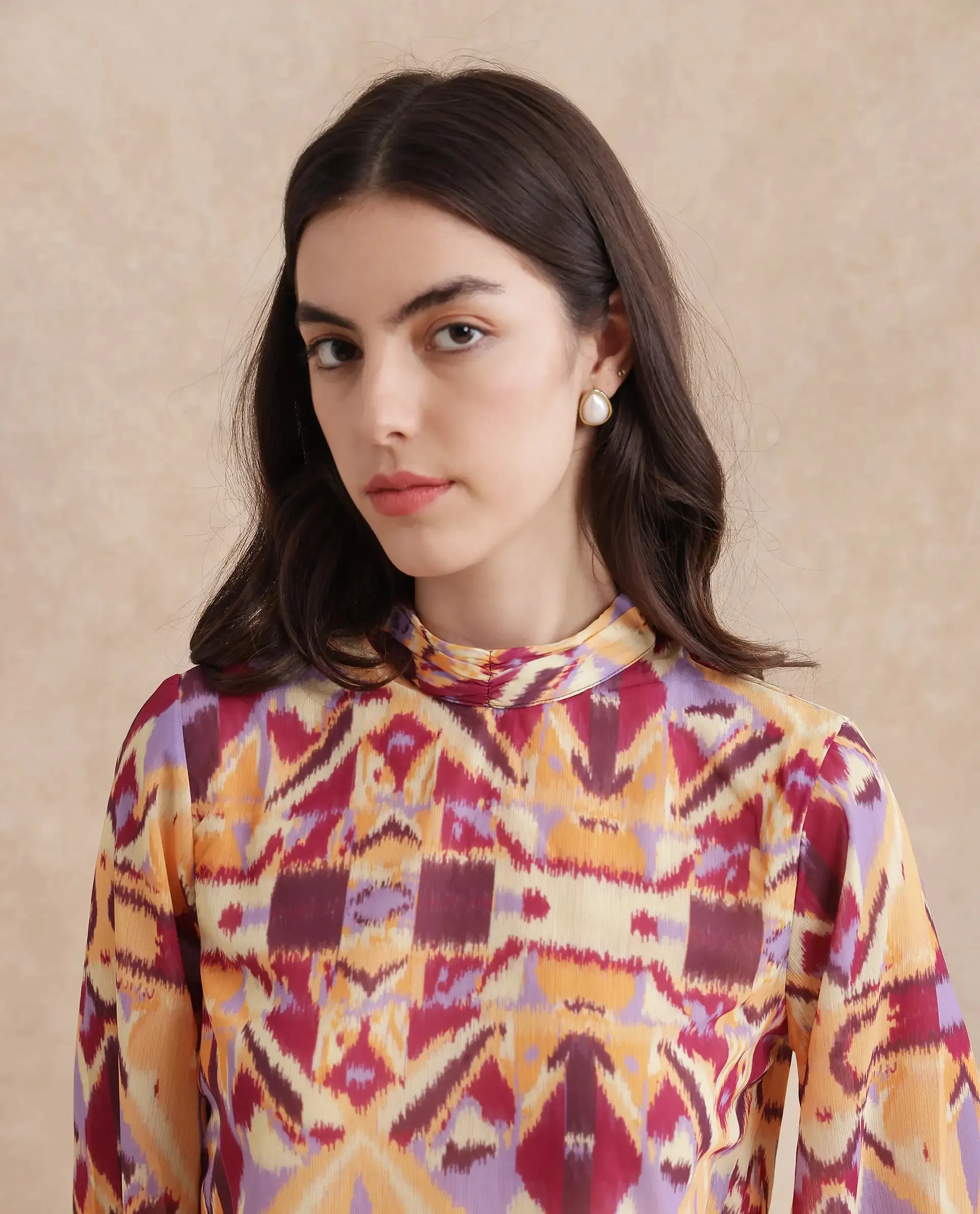 Rareism Women Hokas Multi Full Sleeve High Neck Button Closure Abstract Print Top