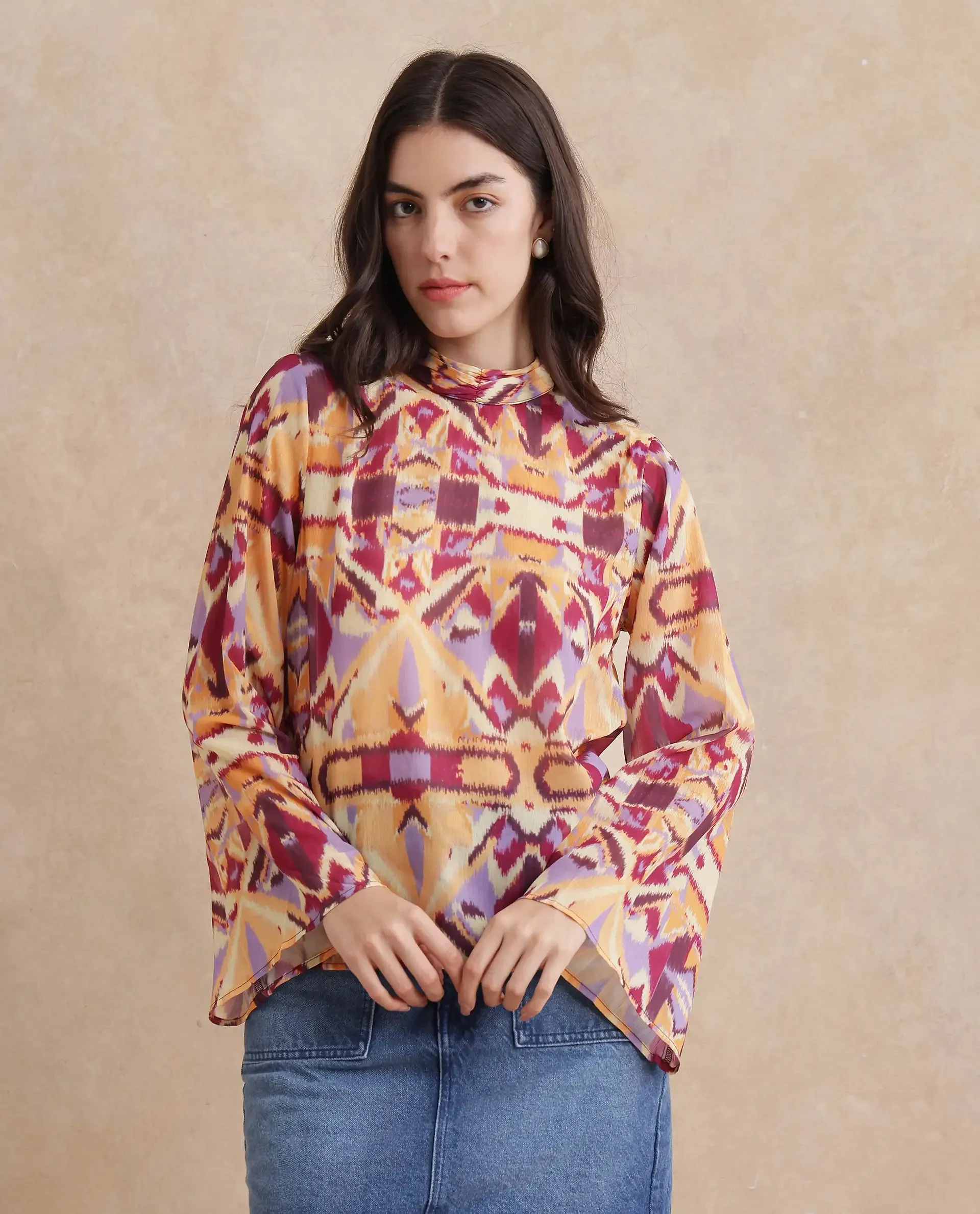 Rareism Women Hokas Multi Full Sleeve High Neck Button Closure Abstract Print Top