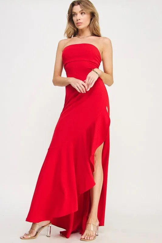 Red Strapless High Slit Ruffle Long Formal Dress