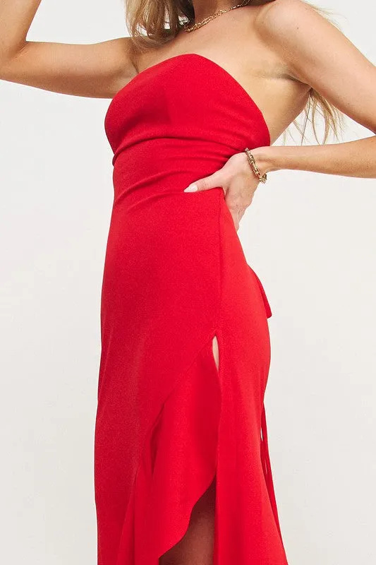 Red Strapless High Slit Ruffle Long Formal Dress