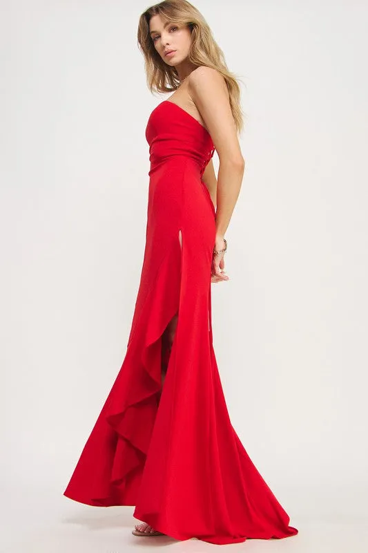 Red Strapless High Slit Ruffle Long Formal Dress