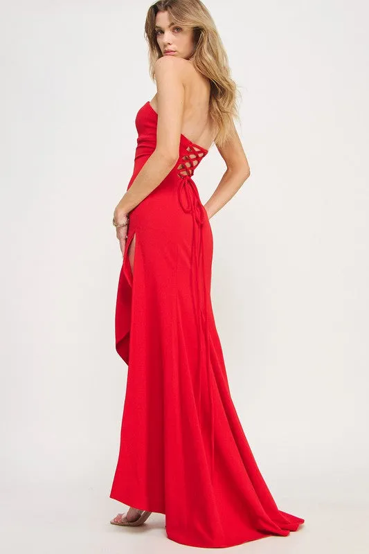 Red Strapless High Slit Ruffle Long Formal Dress
