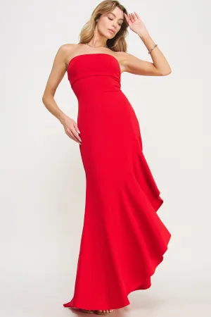 Red Strapless High Slit Ruffle Long Formal Dress