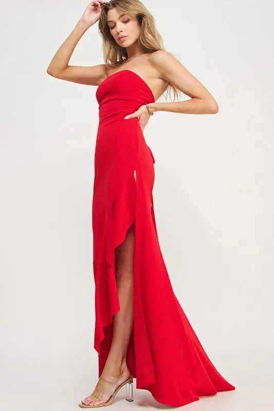 Red Strapless High Slit Ruffle Long Formal Dress