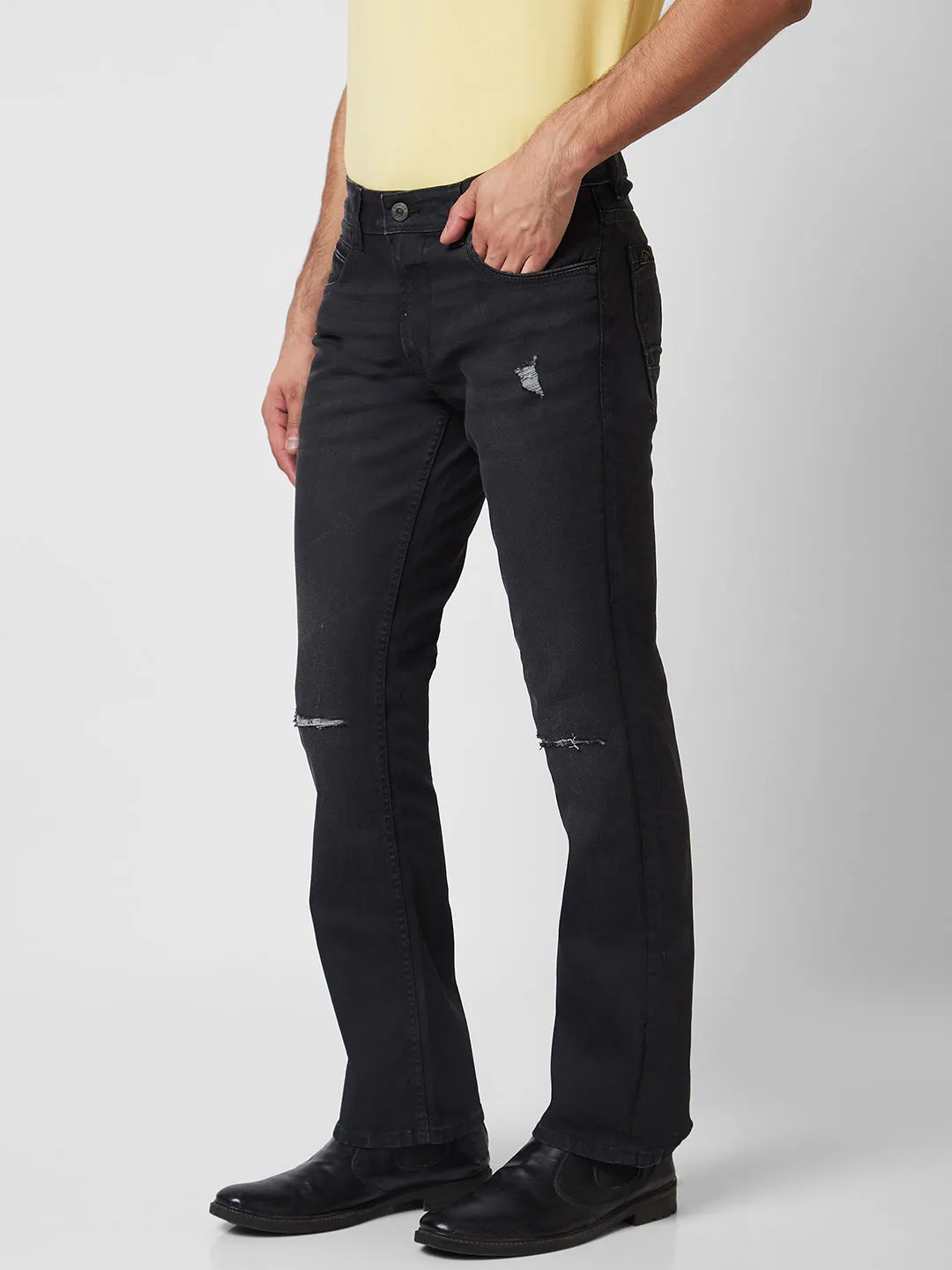 Spykar Mid Rise Bootcut Fit Black Jeans For Men