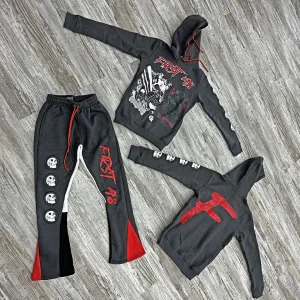 Stylish Retro Skull Print Hoodie Contrast Color Flare Pants Set