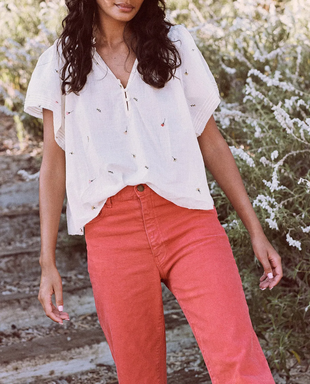 The Flutter Sleeve Chime Top W/ Tossed Floral Embroidery, Cream