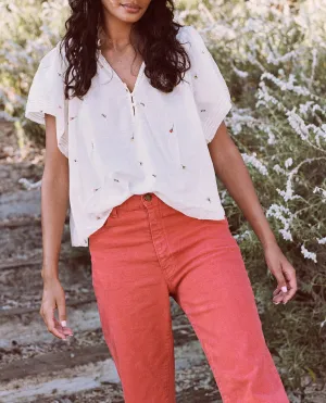 The Flutter Sleeve Chime Top W/ Tossed Floral Embroidery, Cream