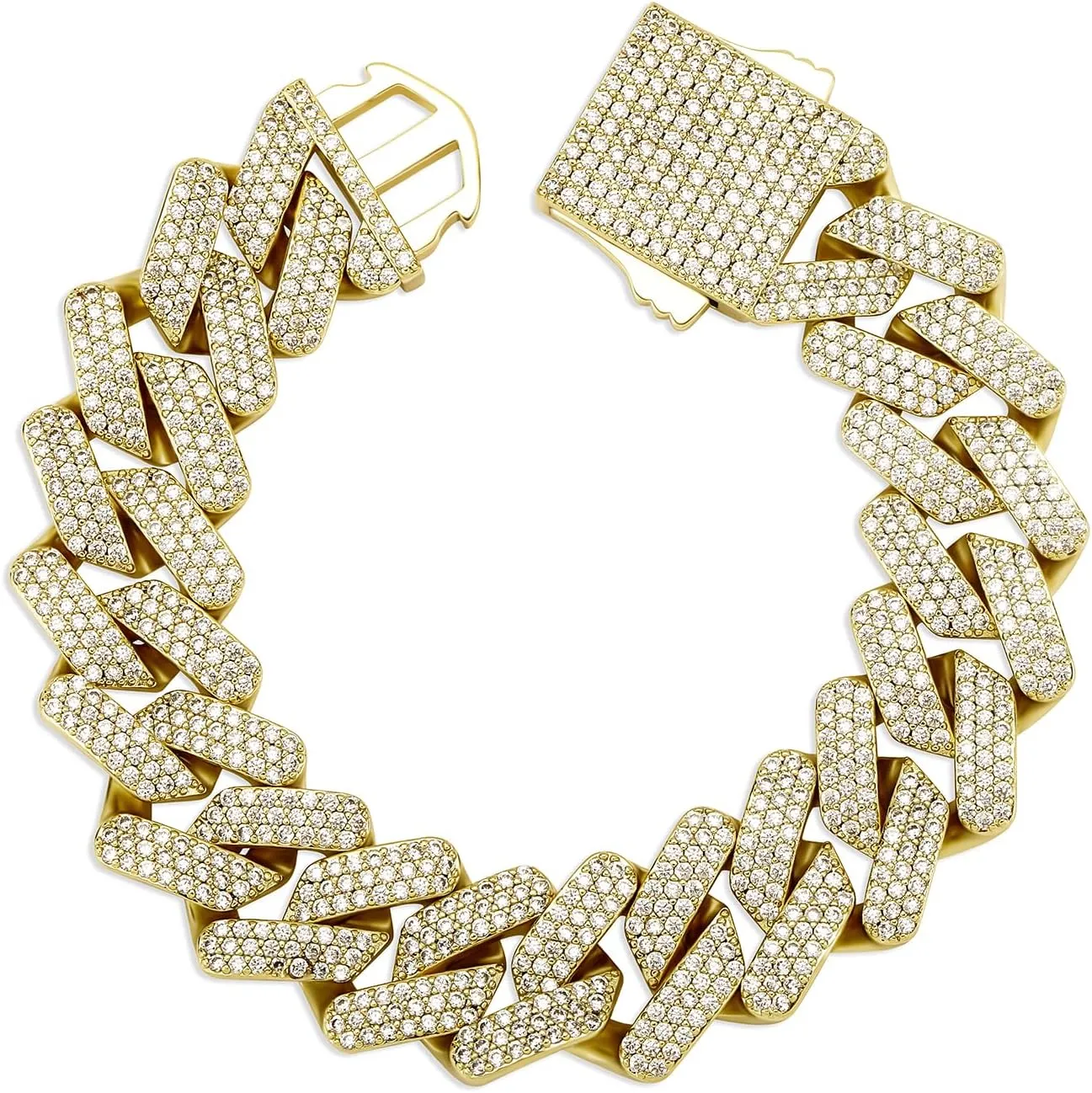 TOPGRILLZ 20mm 6 Times 14K Gold Plated Full Iced Out Prong Setting Cubic Zirconia Box Clasp Miami Cuban Link Bracelet for Men Hip Hop