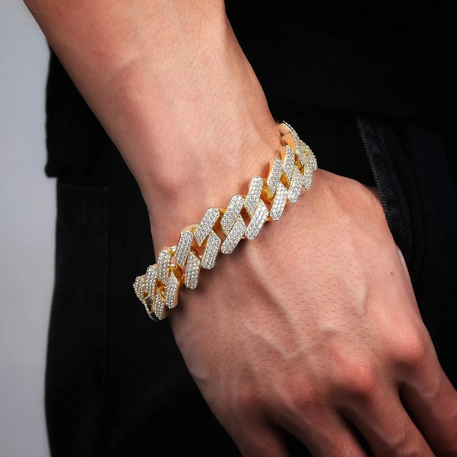 TOPGRILLZ 20mm 6 Times 14K Gold Plated Full Iced Out Prong Setting Cubic Zirconia Box Clasp Miami Cuban Link Bracelet for Men Hip Hop