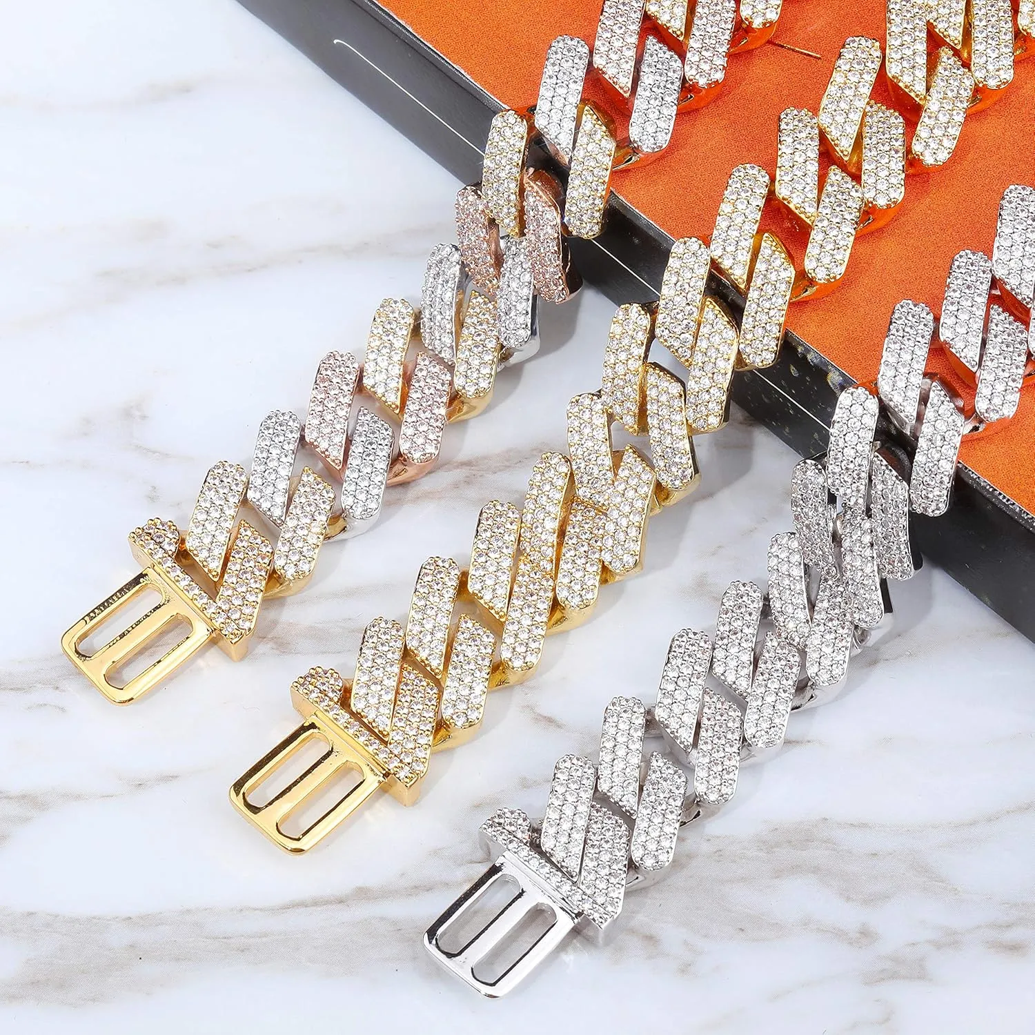 TOPGRILLZ 20mm 6 Times 14K Gold Plated Full Iced Out Prong Setting Cubic Zirconia Box Clasp Miami Cuban Link Bracelet for Men Hip Hop
