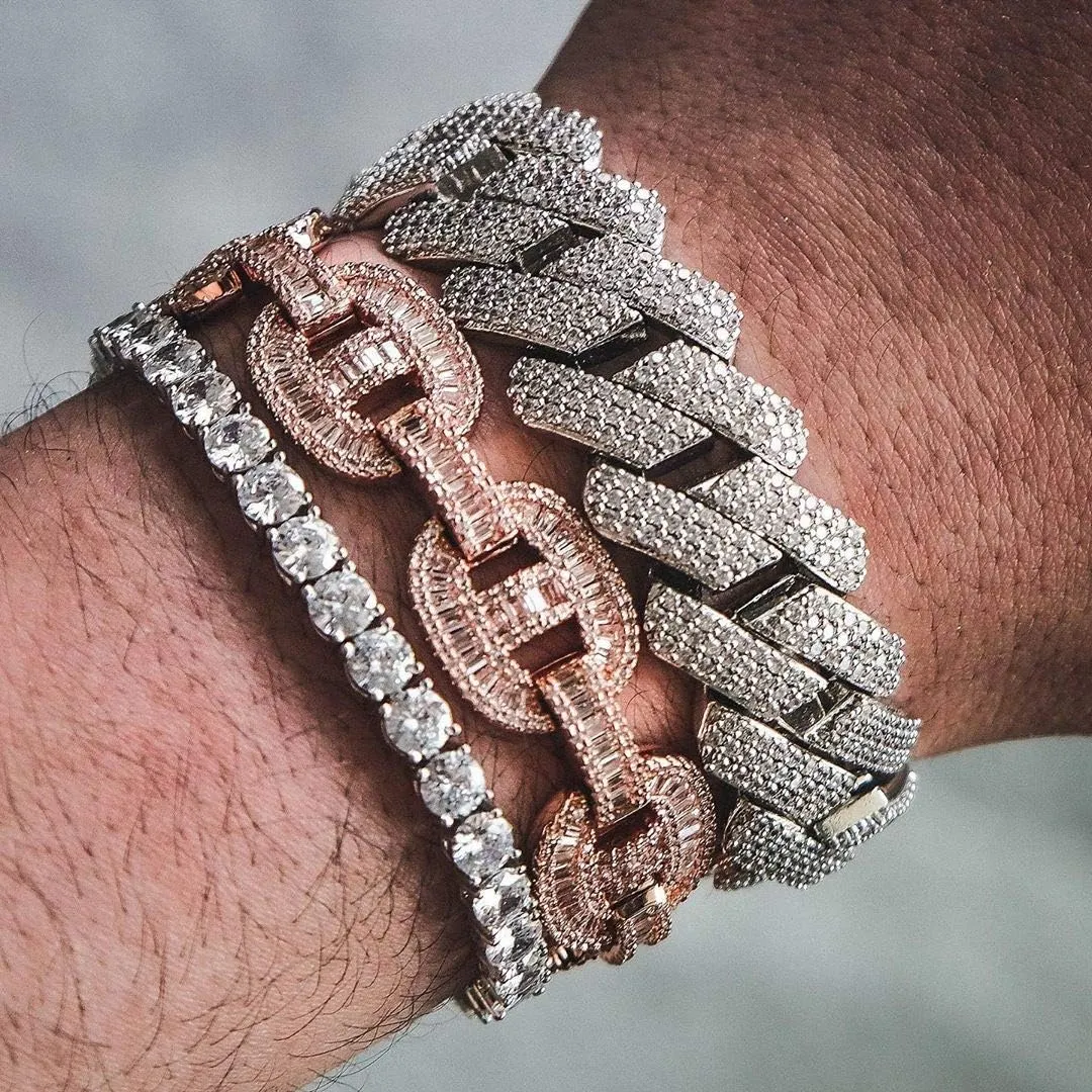 TOPGRILLZ 20mm 6 Times 14K Gold Plated Full Iced Out Prong Setting Cubic Zirconia Box Clasp Miami Cuban Link Bracelet for Men Hip Hop