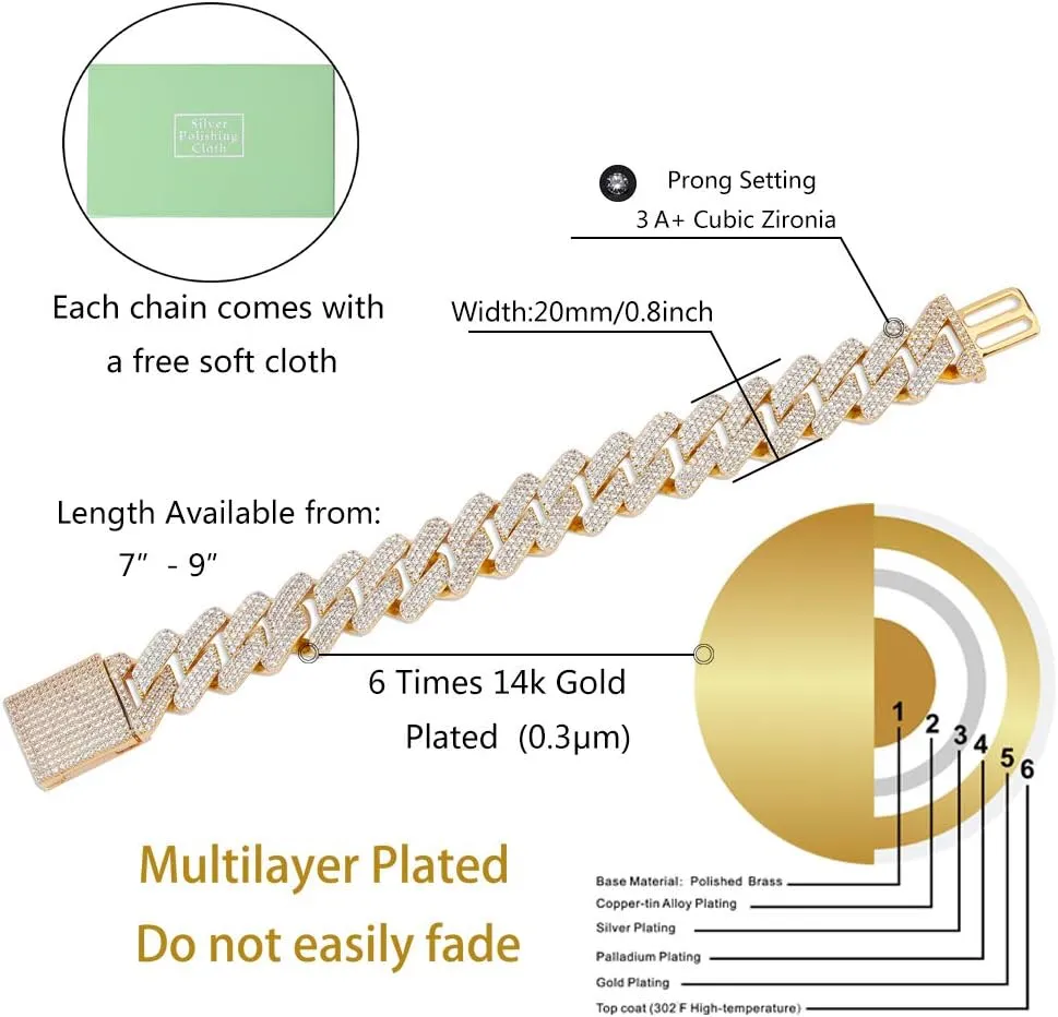 TOPGRILLZ 20mm 6 Times 14K Gold Plated Full Iced Out Prong Setting Cubic Zirconia Box Clasp Miami Cuban Link Bracelet for Men Hip Hop