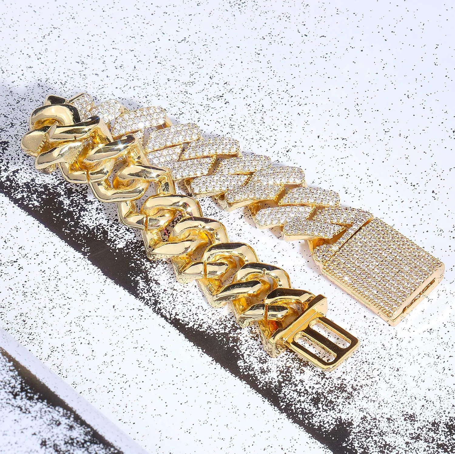 TOPGRILLZ 20mm 6 Times 14K Gold Plated Full Iced Out Prong Setting Cubic Zirconia Box Clasp Miami Cuban Link Bracelet for Men Hip Hop