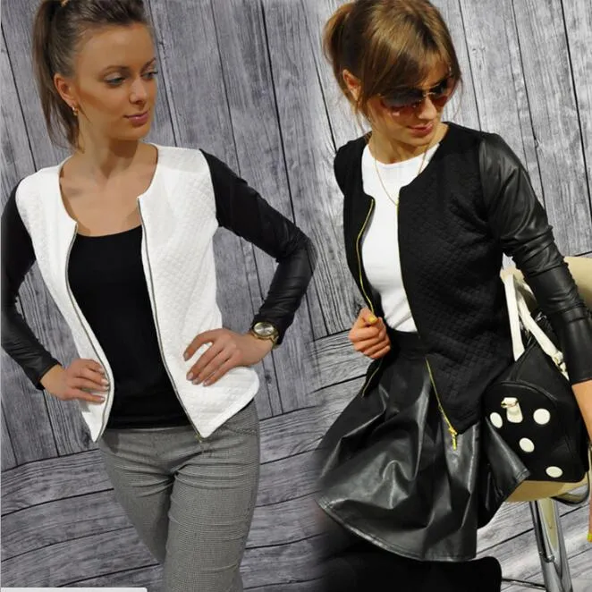 VenusFox Punk Style Zipper Crop Basic Leather Jackets
