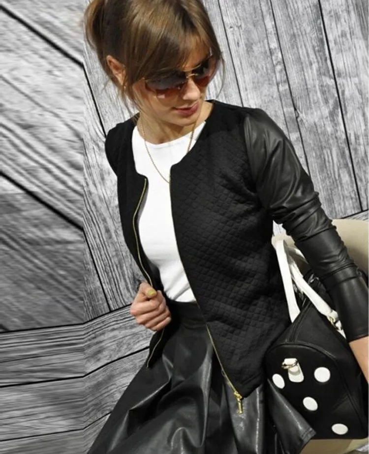 VenusFox Punk Style Zipper Crop Basic Leather Jackets
