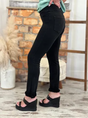 Washed Cropped Fringe Hem Pants in Black