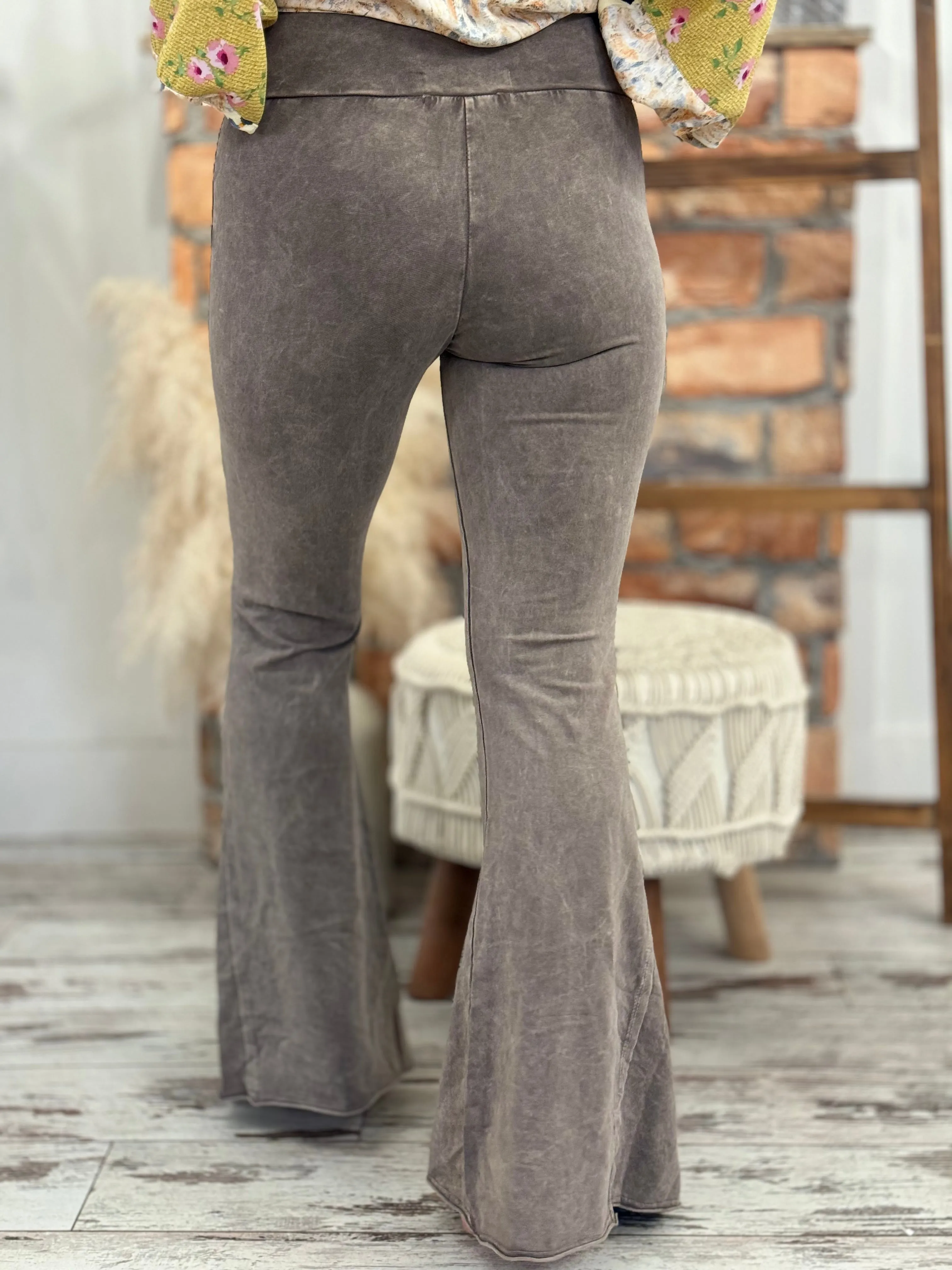 Washed Side Panel Flare Bell Bottom Pants in Taupe