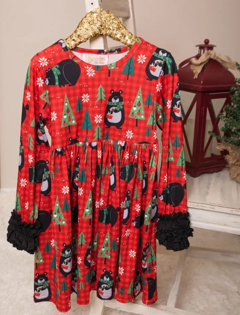 Winter Fun Girls Twirl Dresses - Red Check Black Bear Ruffle Sleeves