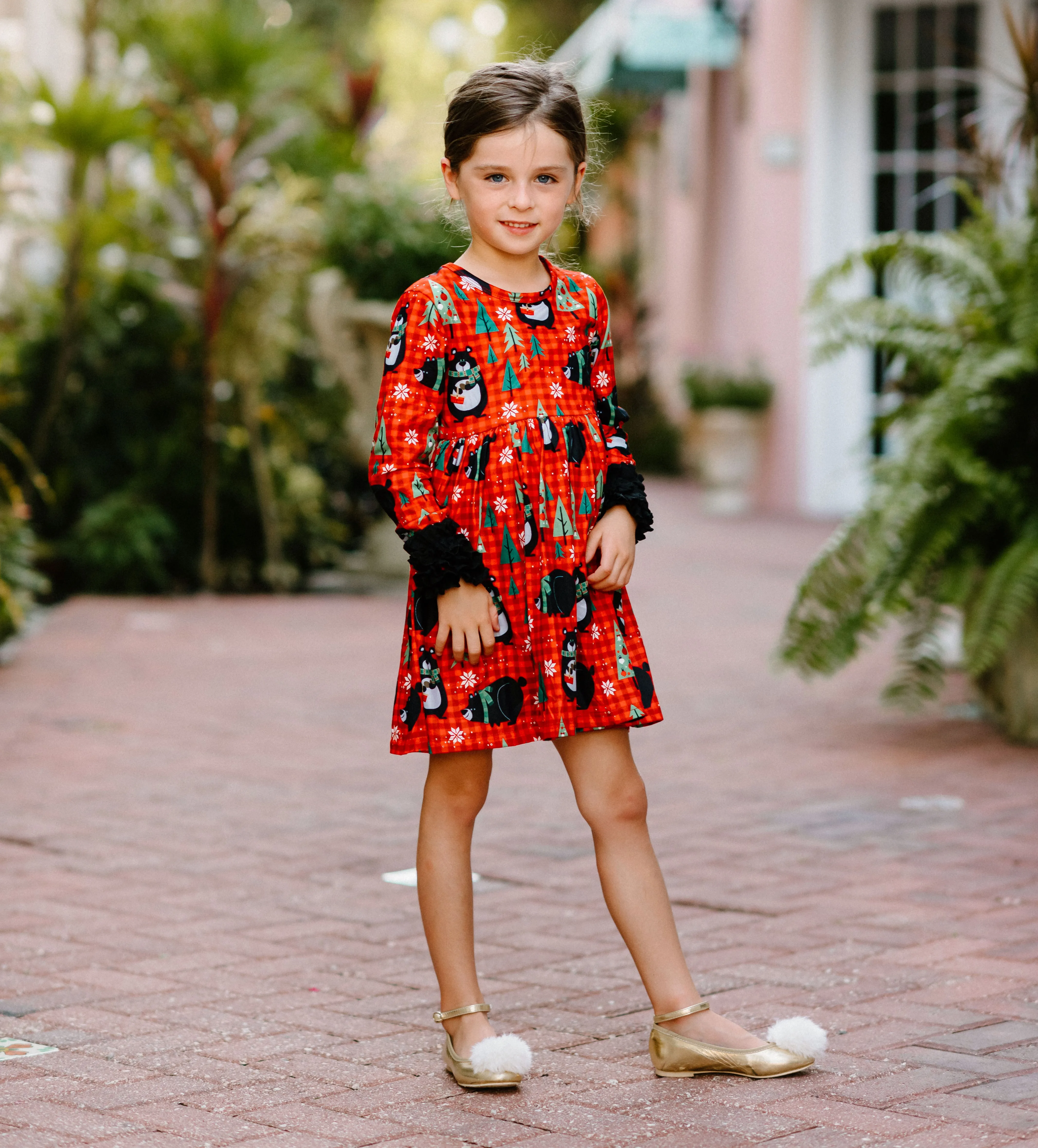 Winter Fun Girls Twirl Dresses - Red Check Black Bear Ruffle Sleeves
