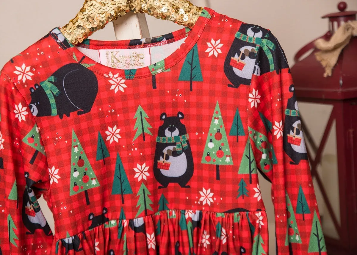 Winter Fun Girls Twirl Dresses - Red Check Black Bear Ruffle Sleeves
