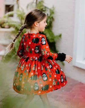 Winter Fun Girls Twirl Dresses - Red Check Black Bear Ruffle Sleeves