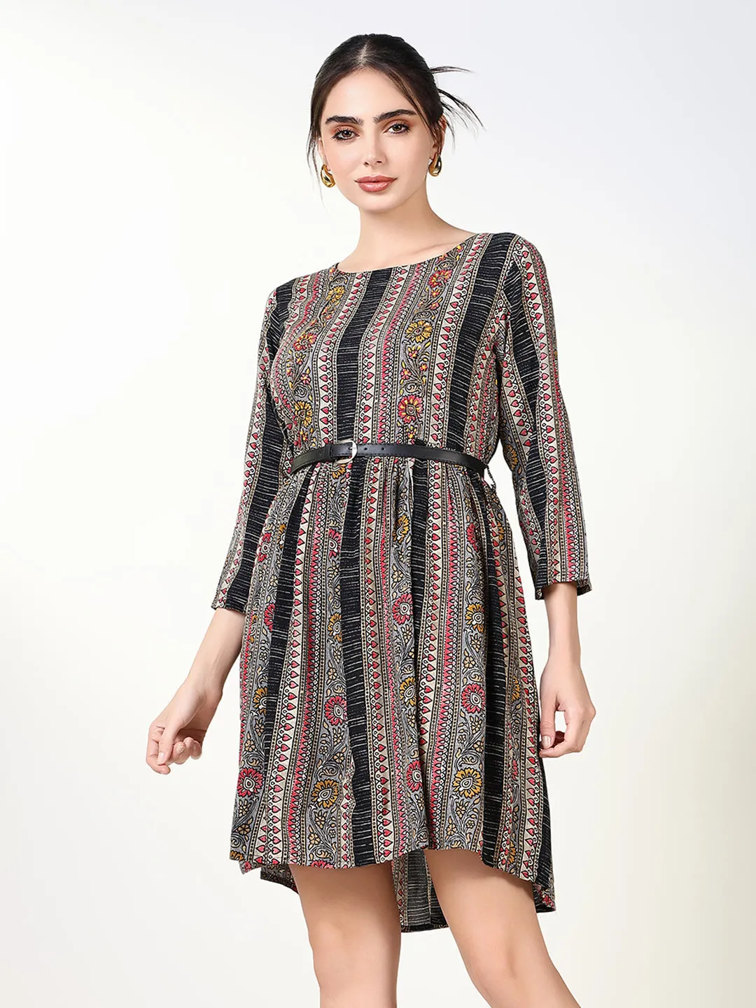 Women Black Floral Fit and Flare Dress with Belt