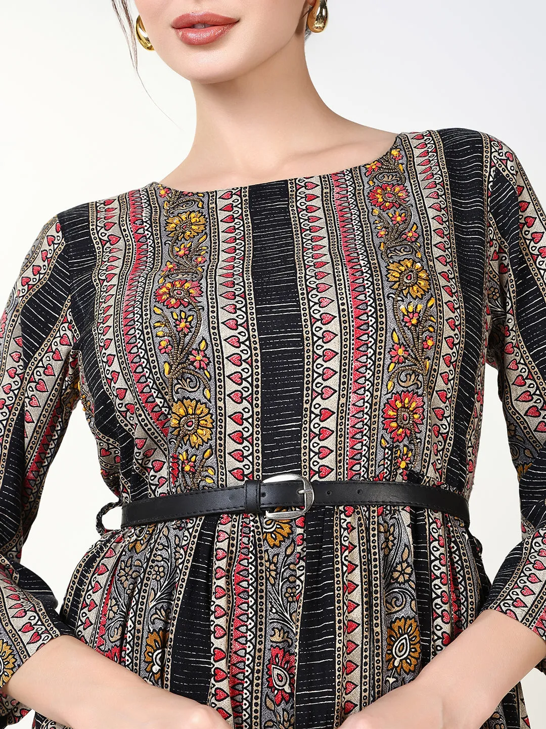 Women Black Floral Fit and Flare Dress with Belt