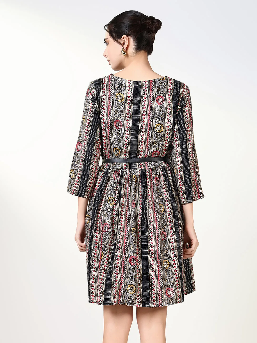 Women Black Floral Fit and Flare Dress with Belt