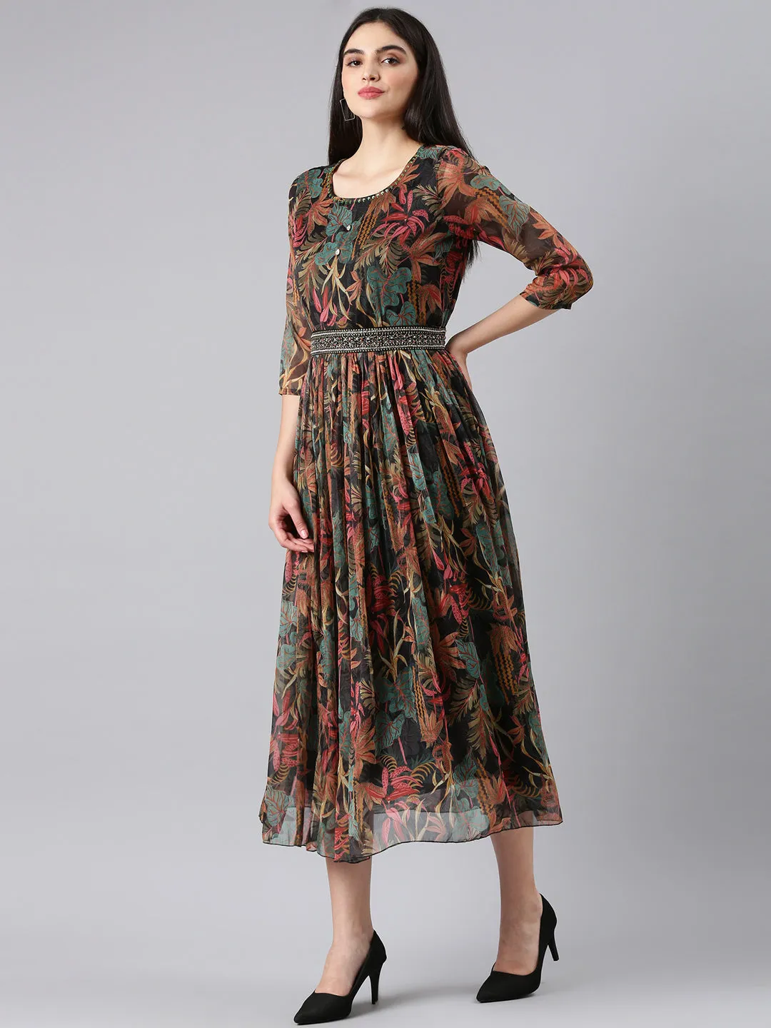 Women Black Floral Fit and Flare Dress