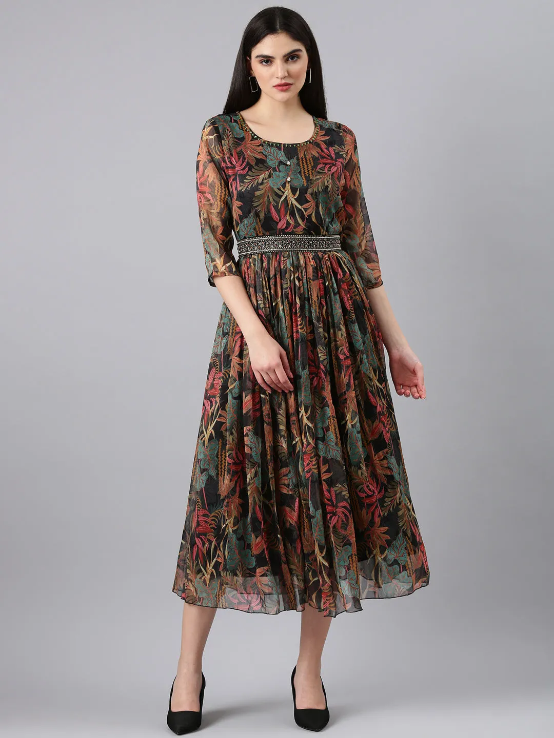 Women Black Floral Fit and Flare Dress