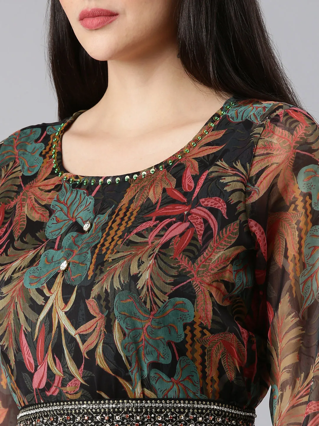 Women Black Floral Fit and Flare Dress