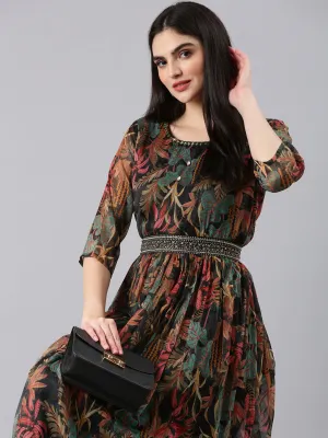 Women Black Floral Fit and Flare Dress