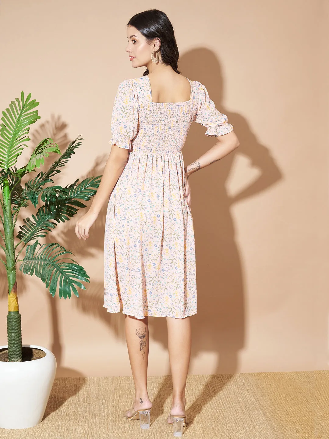 Women Fit and Flare Beige Dress