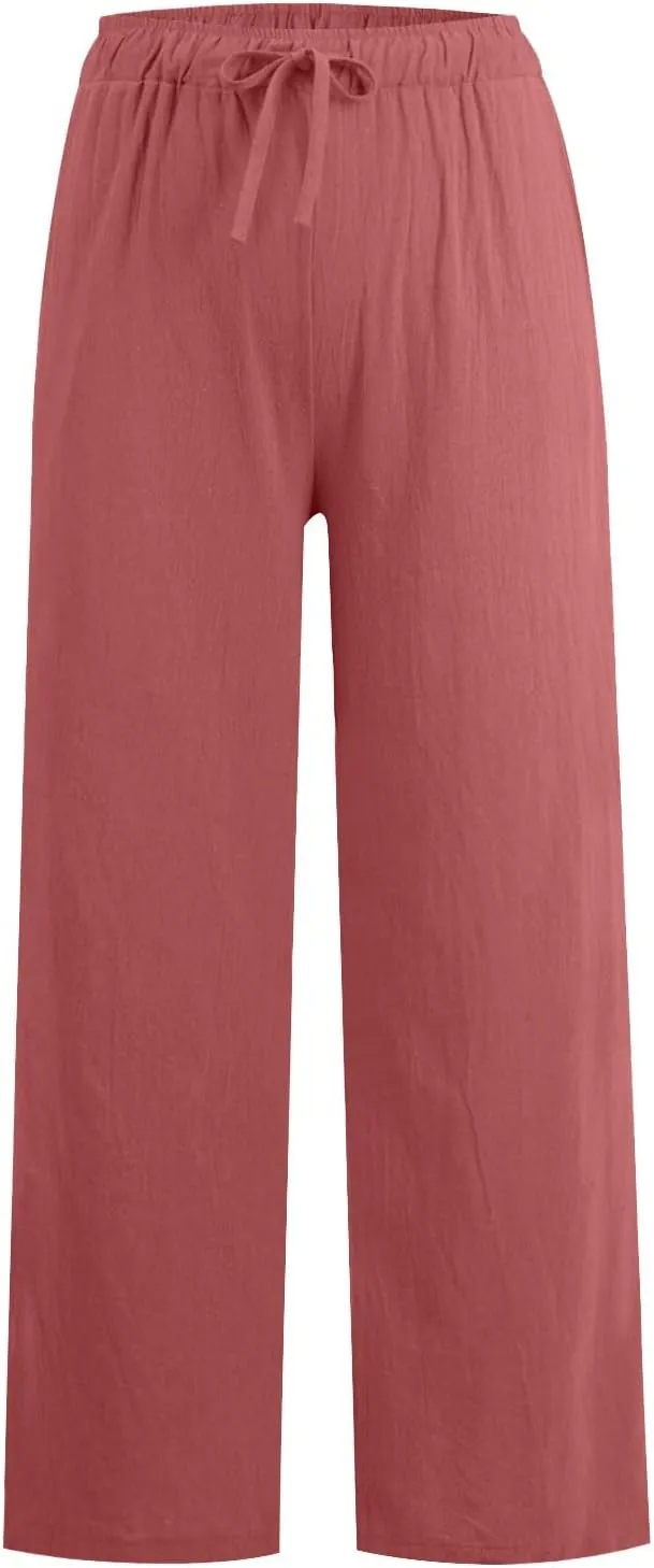 Women High Waist Linen Pants Straight Leg Casual Summer Beach Lightweight Drawstring Wide Leg Long Palazzo Trousers