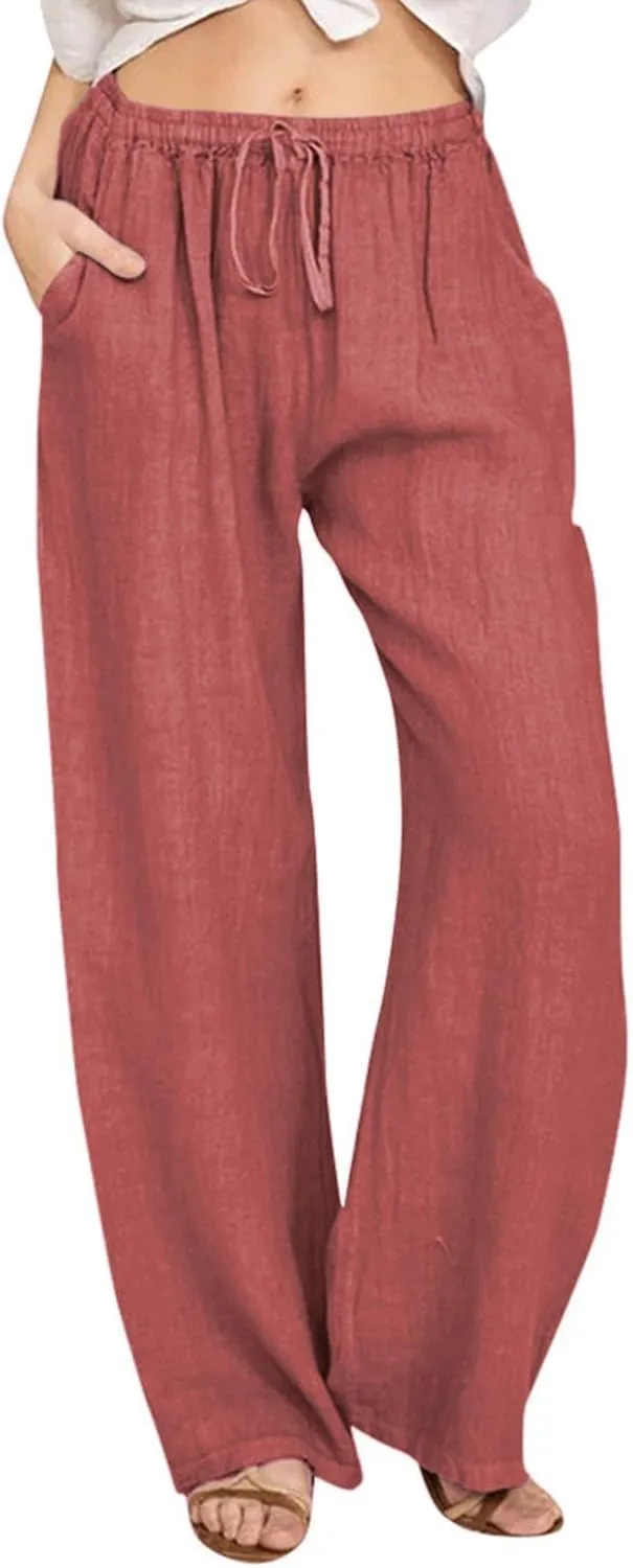 Women High Waist Linen Pants Straight Leg Casual Summer Beach Lightweight Drawstring Wide Leg Long Palazzo Trousers