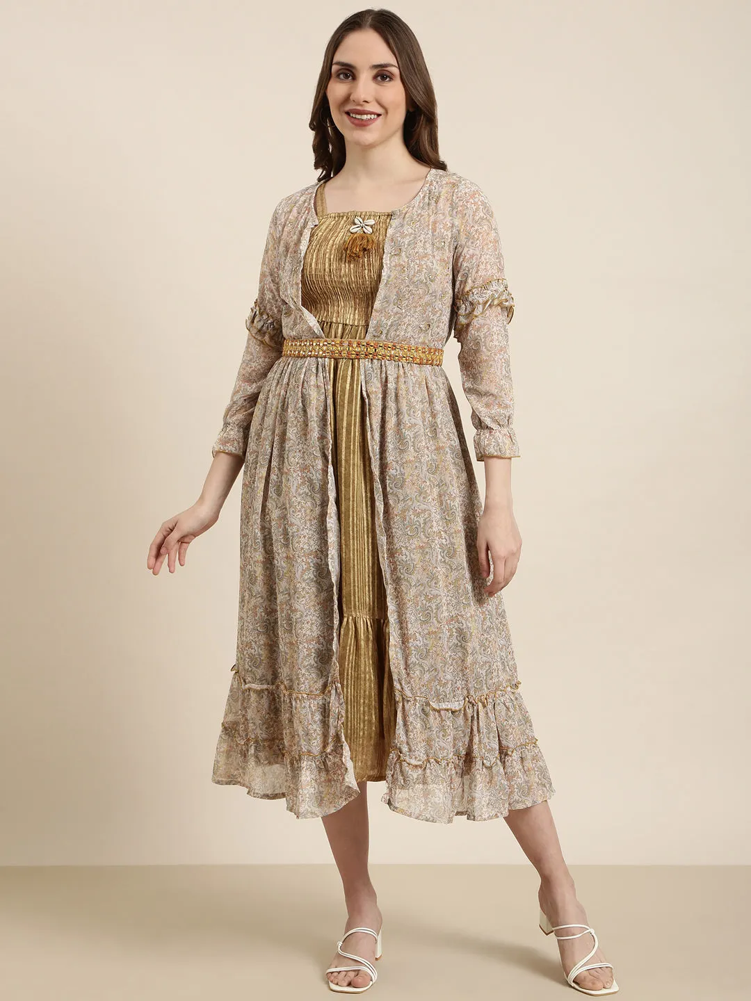 Women Olive Floral Fit And Flare Dress With Over Coat