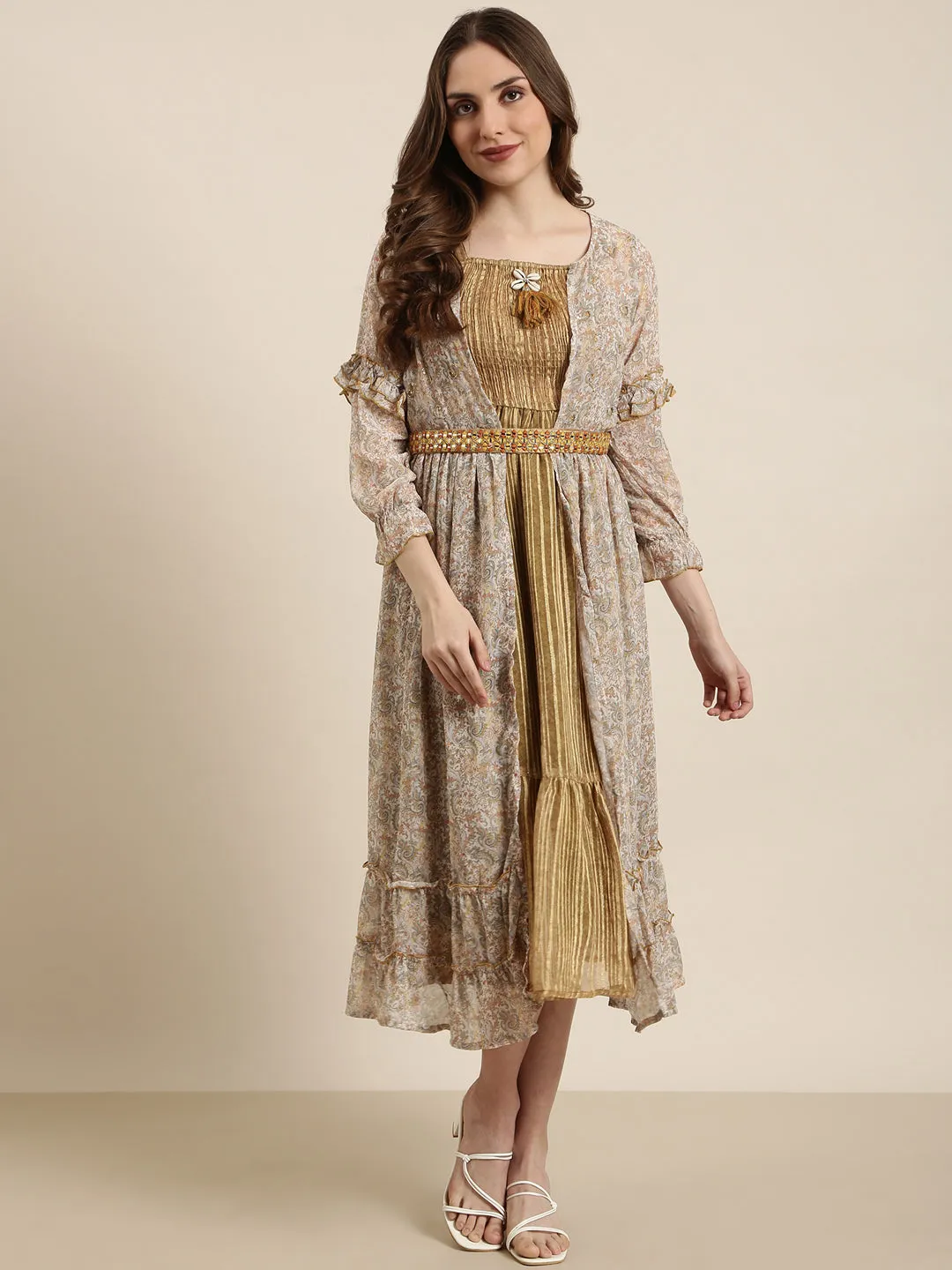Women Olive Floral Fit And Flare Dress With Over Coat
