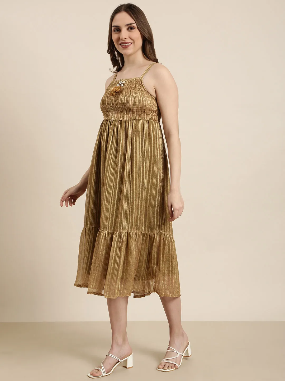 Women Olive Floral Fit And Flare Dress With Over Coat