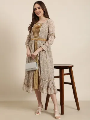 Women Olive Floral Fit And Flare Dress With Over Coat