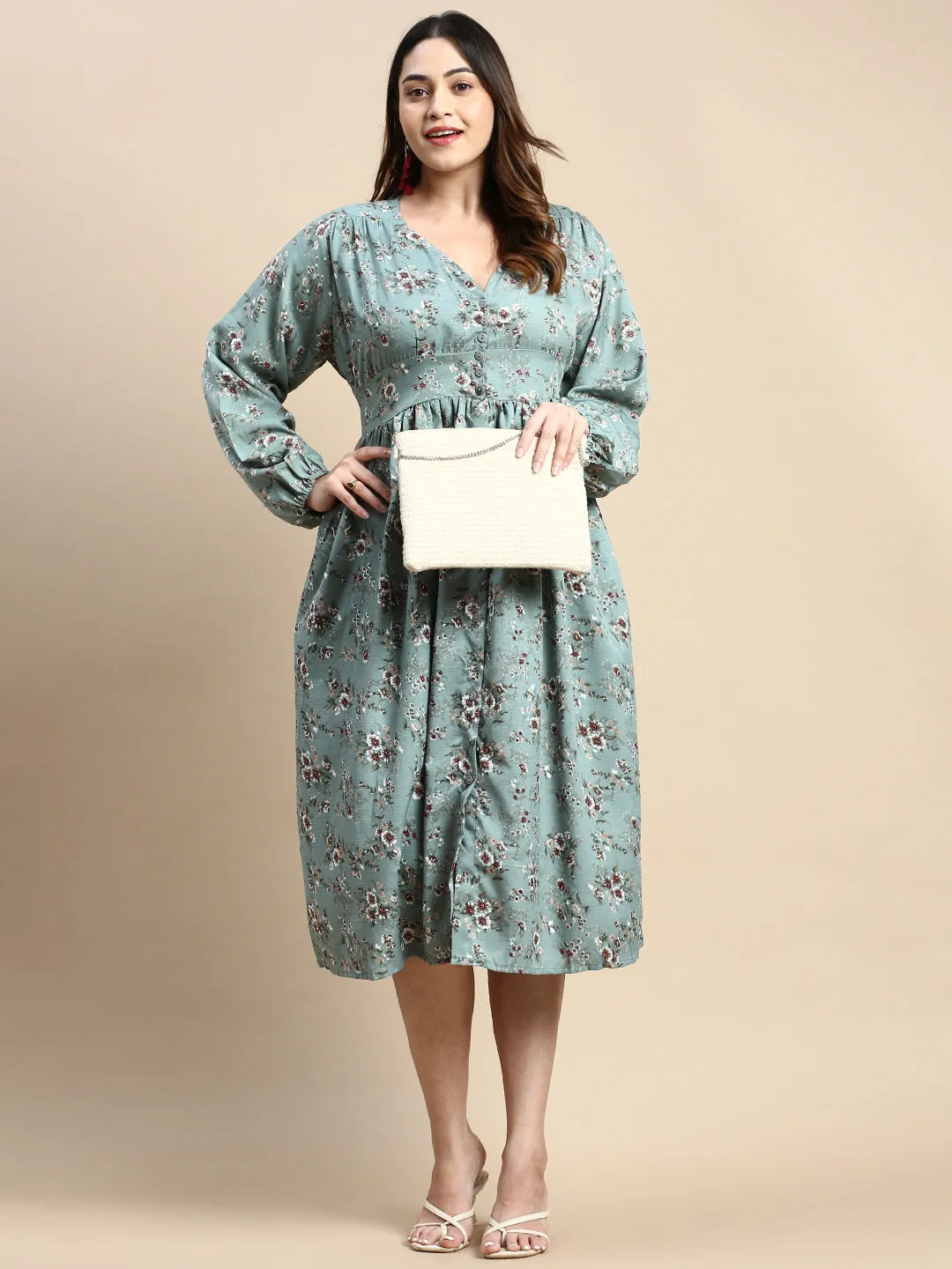 Women Puff Sea Green Floral Fit and Flare Dress