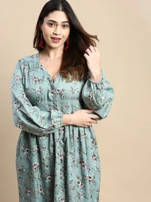 Women Puff Sea Green Floral Fit and Flare Dress